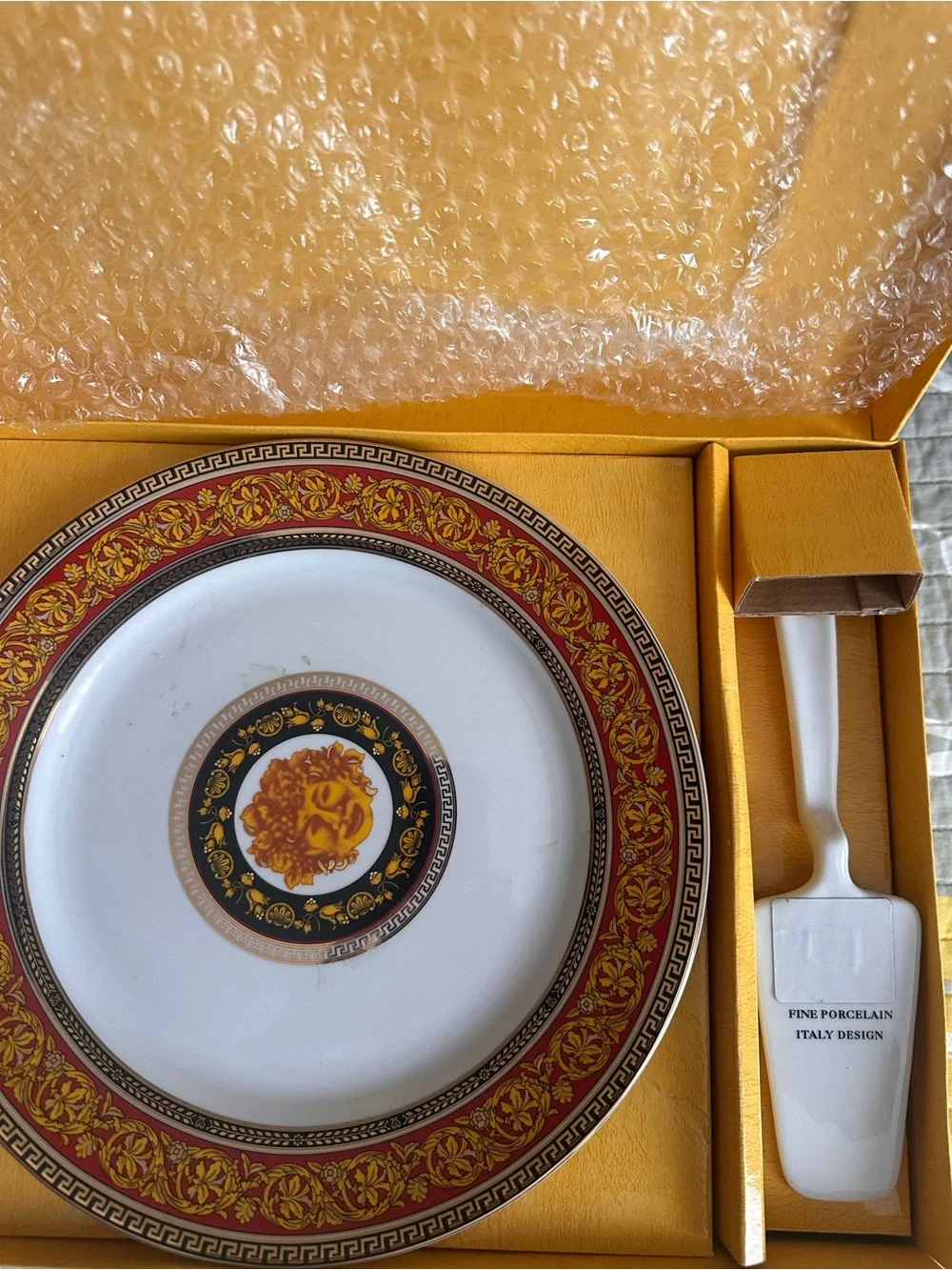 Versace-Style Medusa Red Footed Cake Stand & Matching Server Set
